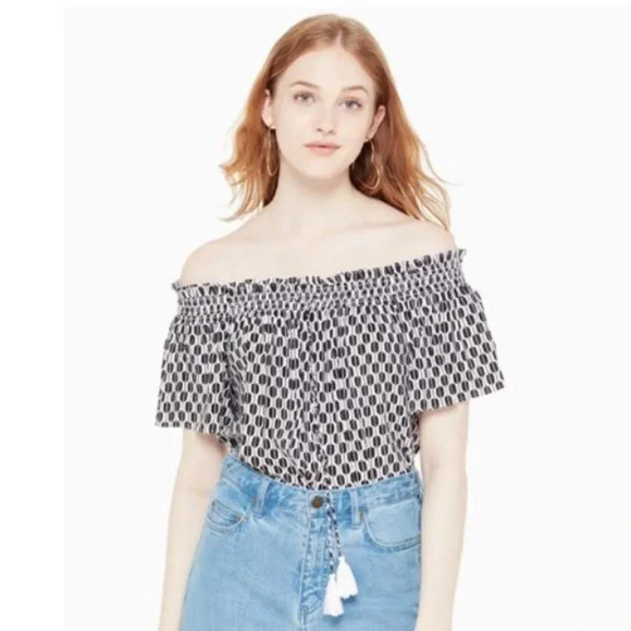 Kate Spade Off Shoulder Tassel Top Black White Abstract Print XXS Rayon - Picture 1 of 16